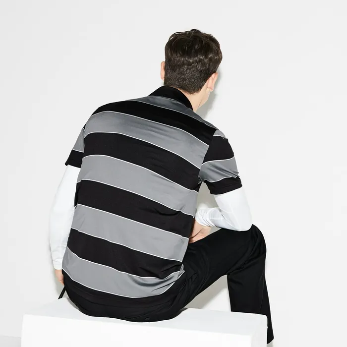 Polos Lacoste Mens SPORT Striped Stretch Jersey Golf Polo BlackGreyWhite Shop Online
