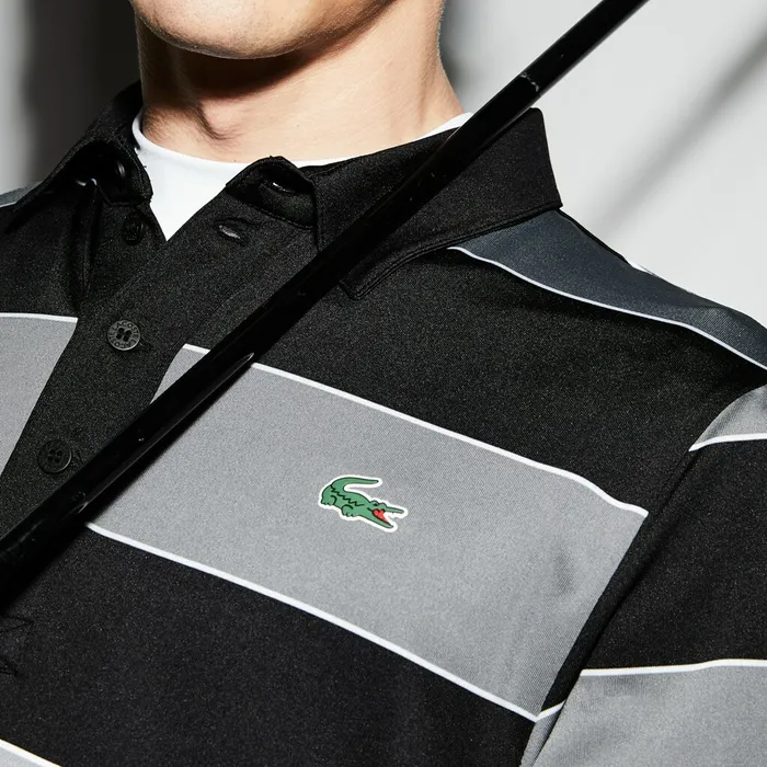 Polos Lacoste Mens SPORT Striped Stretch Jersey Golf Polo BlackGreyWhite Shop Online