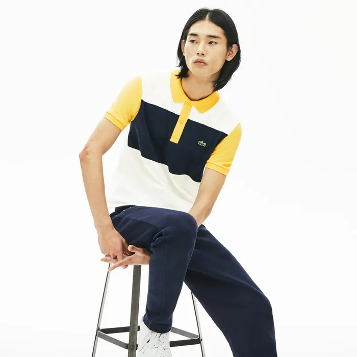 Polos Lacoste Mens Stretch Colorblock Polo Shirt WhiteNavy BlueYellow Outlet