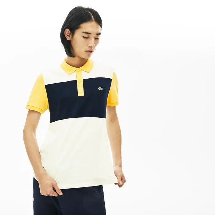 Polos Lacoste Mens Stretch Colorblock Polo Shirt WhiteNavy BlueYellow Outlet