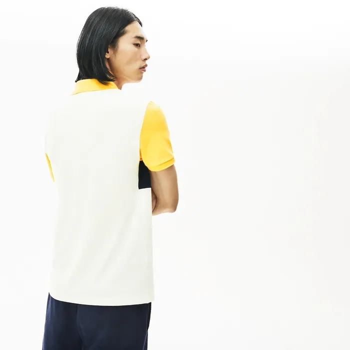 Polos Lacoste Mens Stretch Colorblock Polo Shirt WhiteNavy BlueYellow Outlet