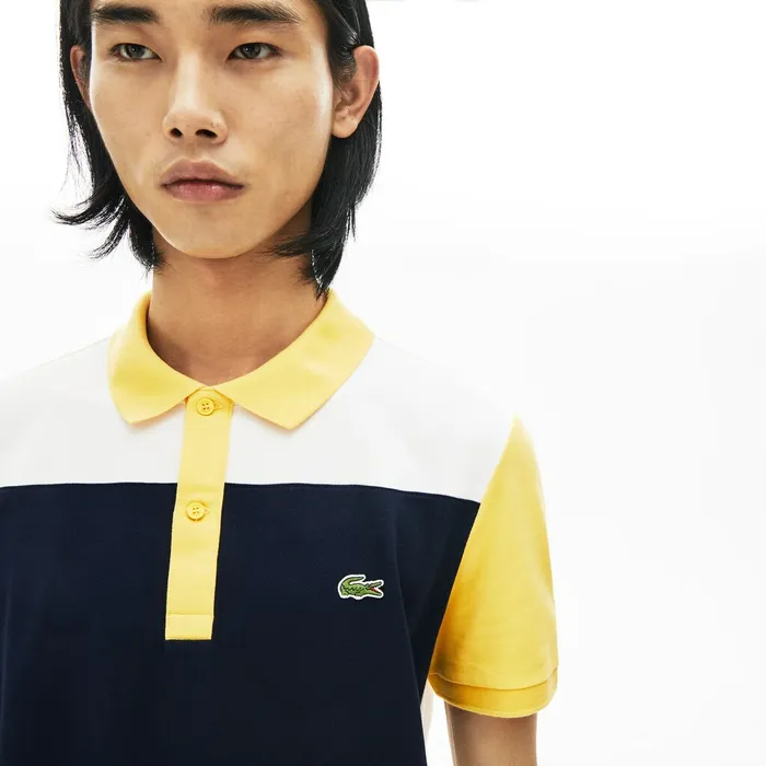 Polos Lacoste Mens Stretch Colorblock Polo Shirt WhiteNavy BlueYellow Outlet