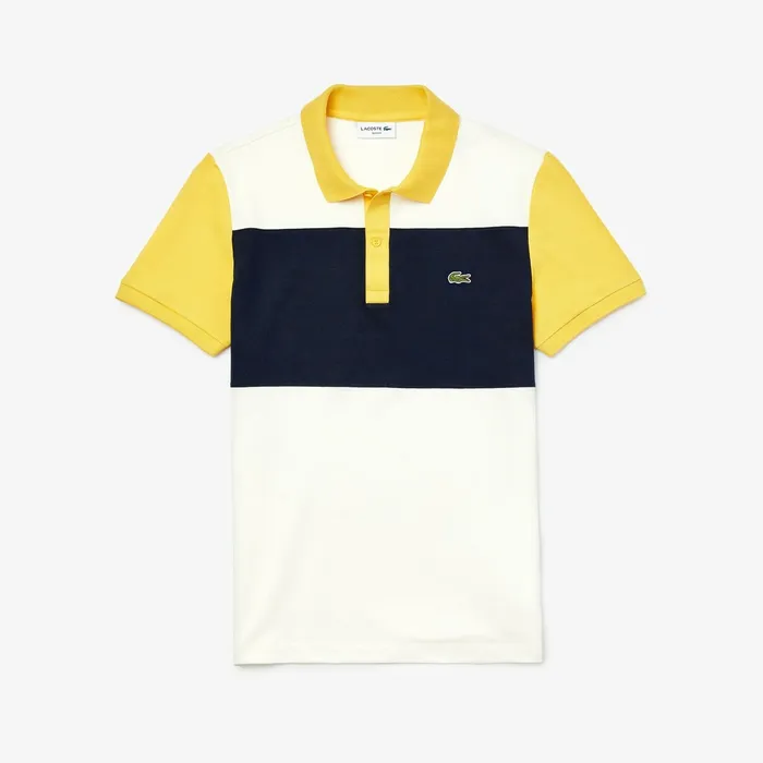 Polos Lacoste Mens Stretch Colorblock Polo Shirt WhiteNavy BlueYellow Outlet