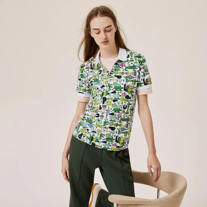 Polos Lacoste Mens Unisex x Jeremyville Print Regular Fit Piqu Polo Shirt White For Sale Online