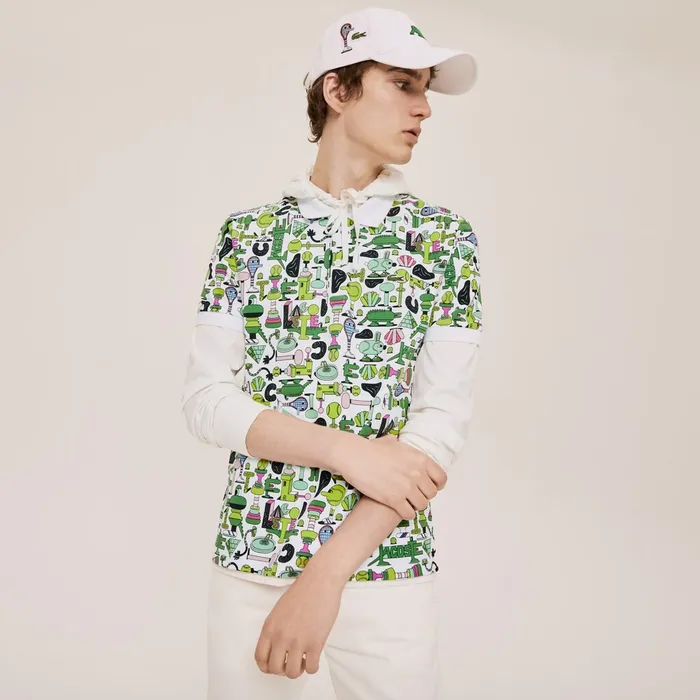 Polos Lacoste Mens Unisex x Jeremyville Print Regular Fit Piqu Polo Shirt White For Sale Online