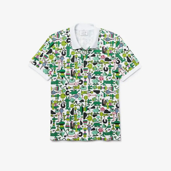 Polos Lacoste Mens Unisex x Jeremyville Print Regular Fit Piqu Polo Shirt White For Sale Online