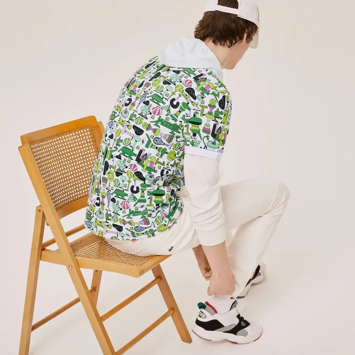 Polos Lacoste Mens Unisex x Jeremyville Print Regular Fit Piqu Polo Shirt White For Sale Online