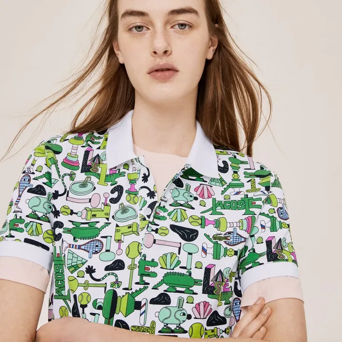 Polos Lacoste Mens Unisex x Jeremyville Print Regular Fit Piqu Polo Shirt White For Sale Online