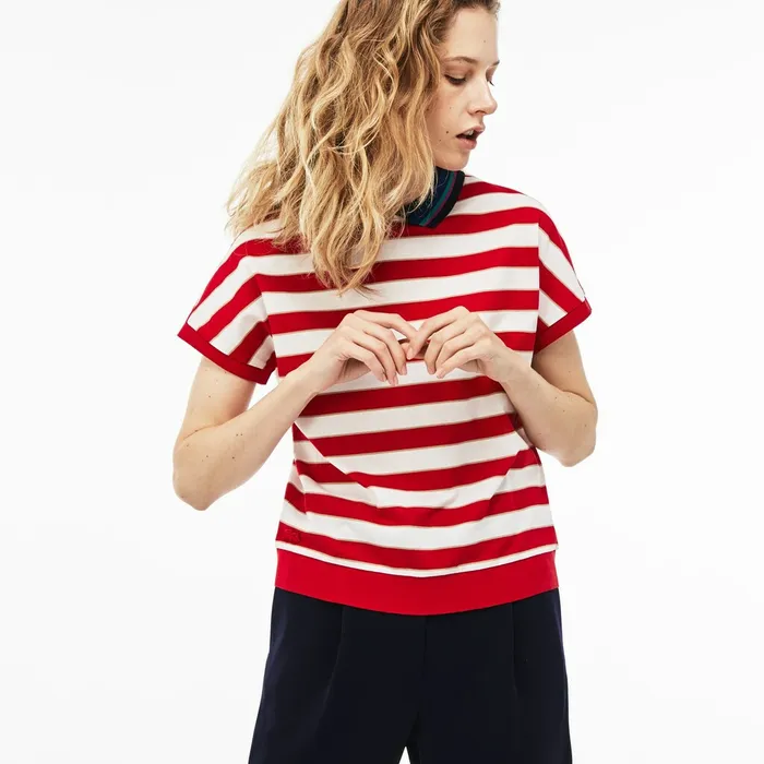 Polos Lacoste Womens Back Button Colorblock Striped Piqu Polo WhiteRedNavy Blue Shop