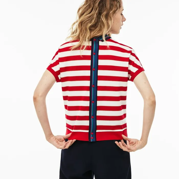 Polos Lacoste Womens Back Button Colorblock Striped Piqu Polo WhiteRedNavy Blue Shop
