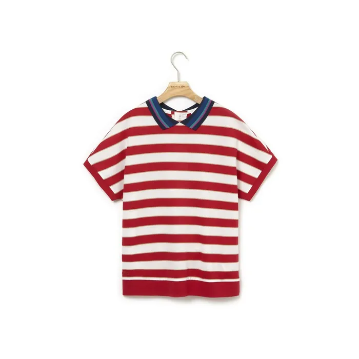 Polos Lacoste Womens Back Button Colorblock Striped Piqu Polo WhiteRedNavy Blue Shop
