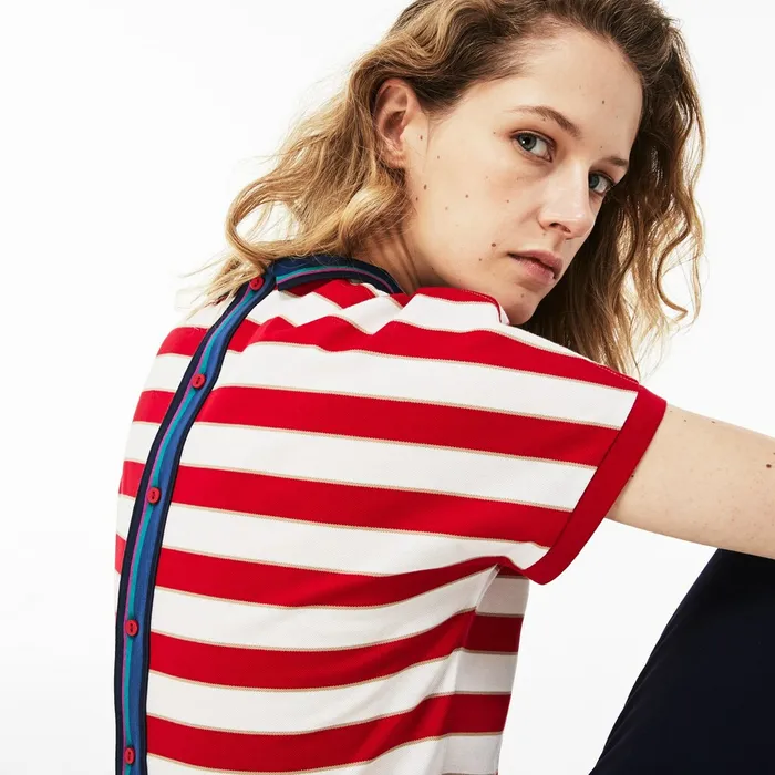 Polos Lacoste Womens Back Button Colorblock Striped Piqu Polo WhiteRedNavy Blue Shop