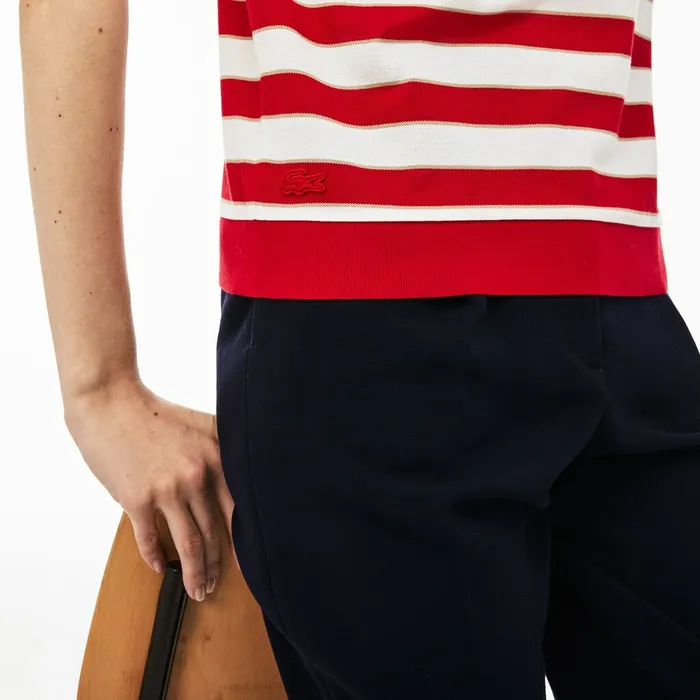 Polos Lacoste Womens Back Button Colorblock Striped Piqu Polo WhiteRedNavy Blue Shop