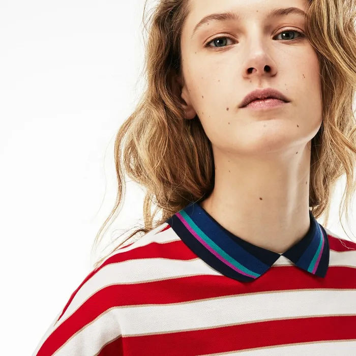 Polos Lacoste Womens Back Button Colorblock Striped Piqu Polo WhiteRedNavy Blue Shop