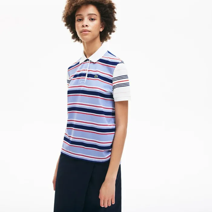 Polos Lacoste Womens Classic Fit Striped Cotton Polo Shirt PurpleNavy BlueWhiteRedLight Pink Popular