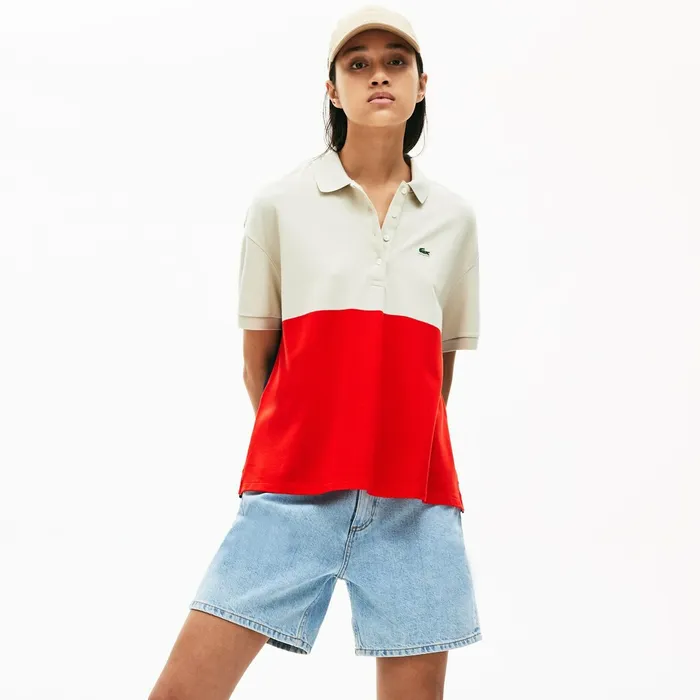 Polos Lacoste Womens RelaxedFit Lightweight ColorBlock Piqu Polo RedBeigeNavy Blue Online