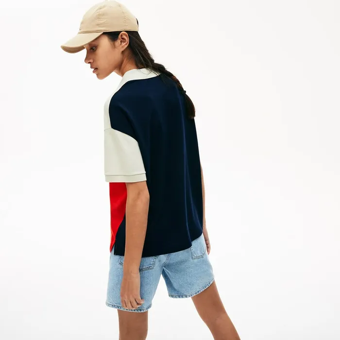 Polos Lacoste Womens RelaxedFit Lightweight ColorBlock Piqu Polo RedBeigeNavy Blue Online
