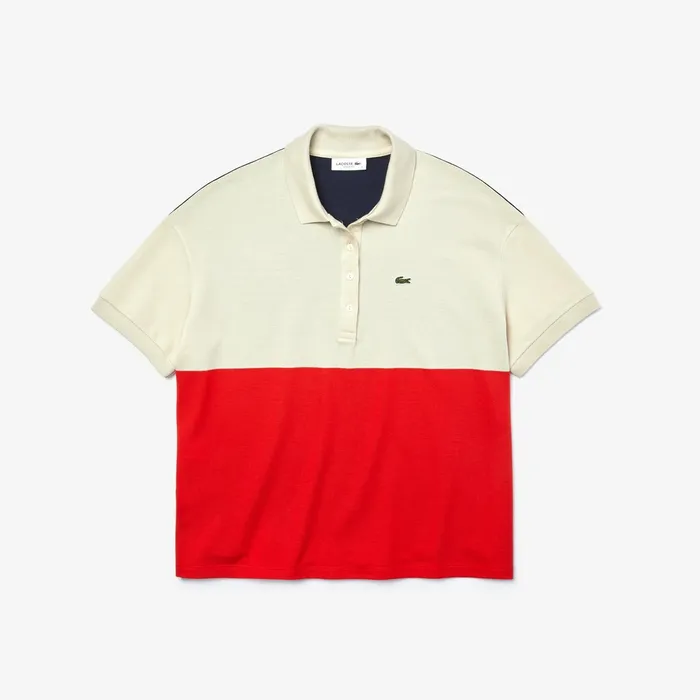 Polos Lacoste Womens RelaxedFit Lightweight ColorBlock Piqu Polo RedBeigeNavy Blue Online