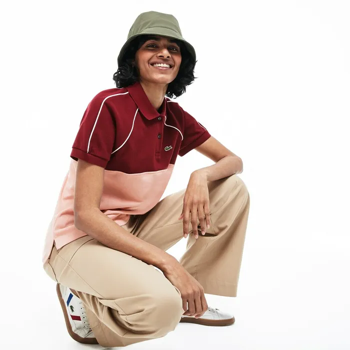 Polos Lacoste Womens Slim Fit Petit Piqu Polo Shirt BordeauxLight PinkWhite Store