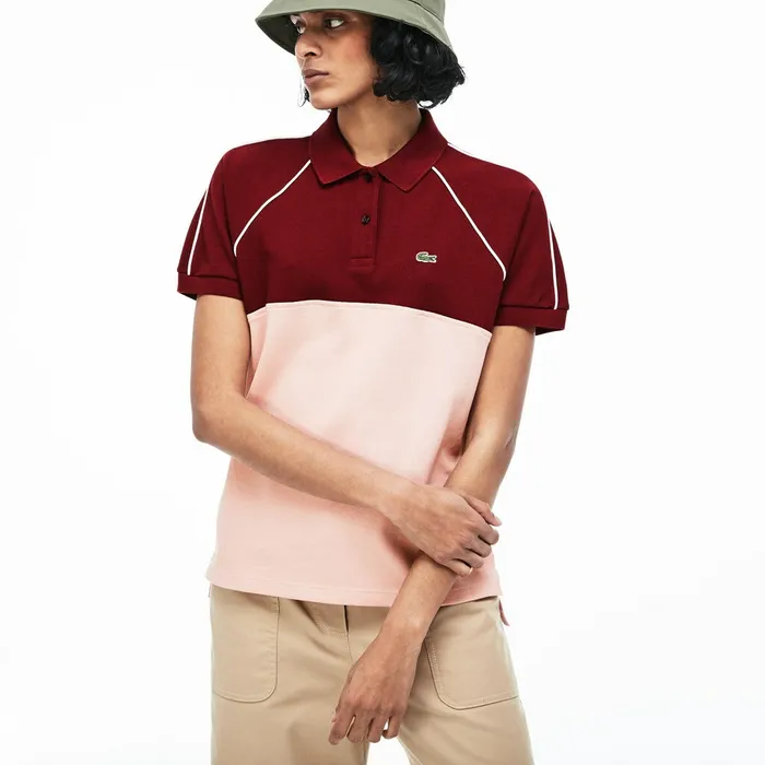 Polos Lacoste Womens Slim Fit Petit Piqu Polo Shirt BordeauxLight PinkWhite Store