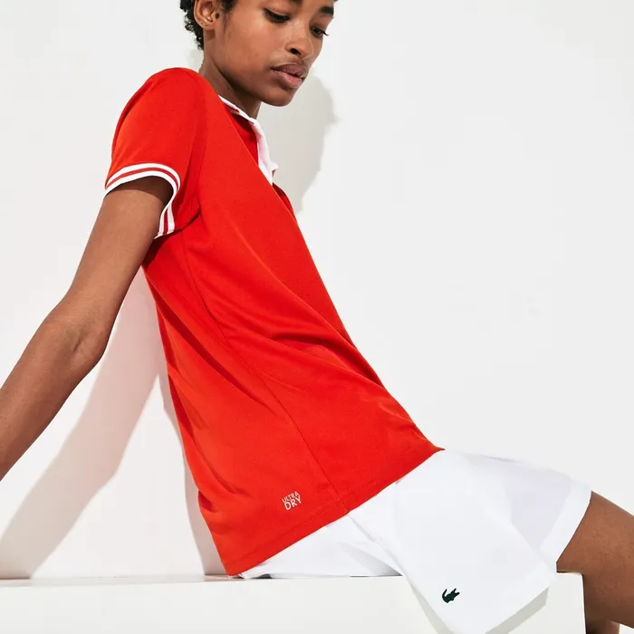 Polos Lacoste Womens SPORT Roland Garros Breathable VNeck Polo Shirt RedWhiteGreen Outlet