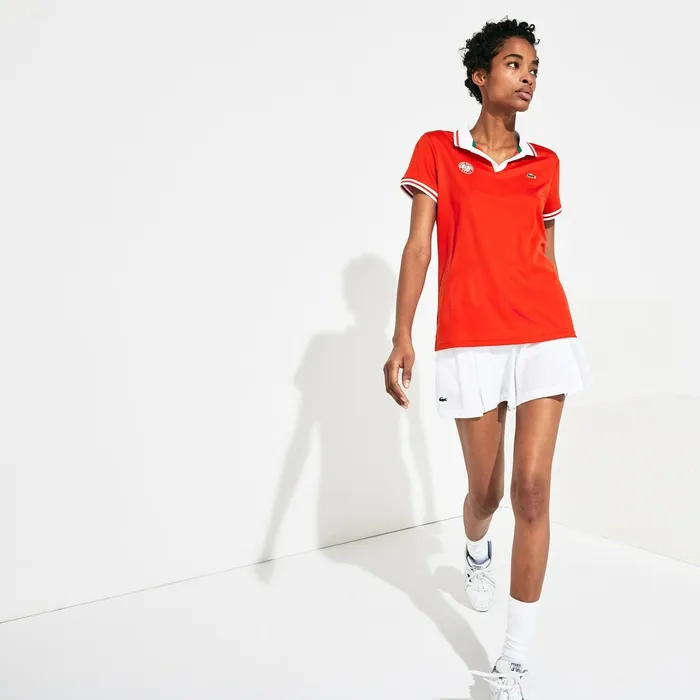 Polos Lacoste Womens SPORT Roland Garros Breathable VNeck Polo Shirt RedWhiteGreen Outlet