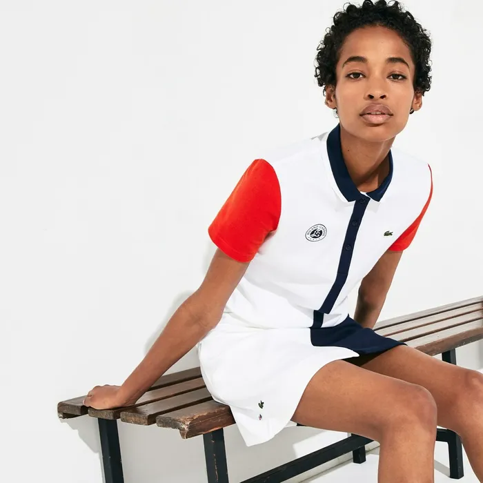 Polos Lacoste Womens SPORT Roland Garros ColorBlock Polo Shirt WhiteRedNavy Blue Shop