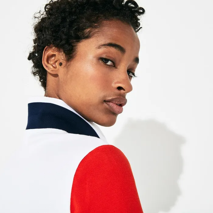 Polos Lacoste Womens SPORT Roland Garros ColorBlock Polo Shirt WhiteRedNavy Blue Shop