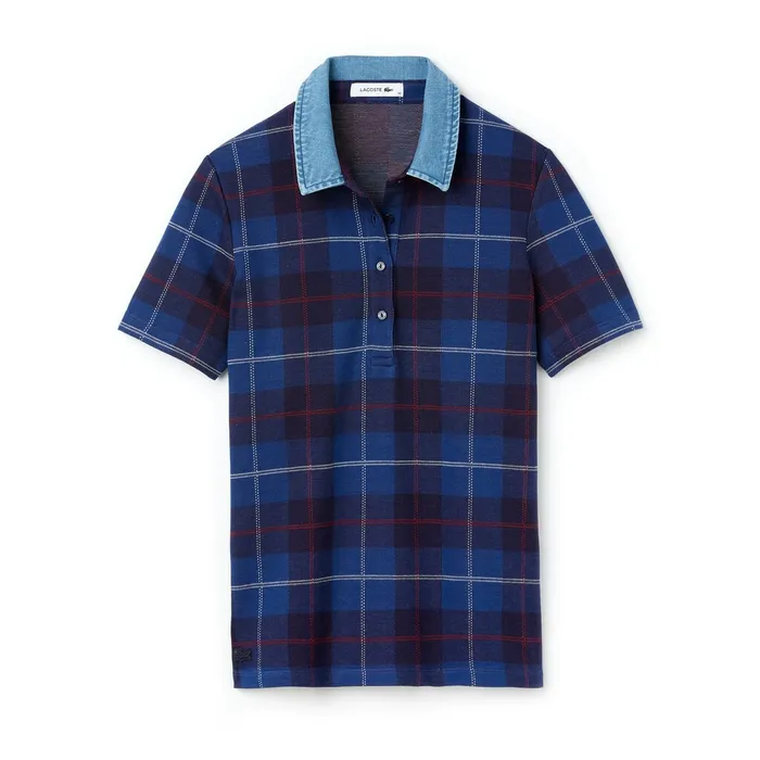 Polos Lacoste Womens Tartan Check Cotton Jacquard Polo Navy BlueBlue Cheap On Sale