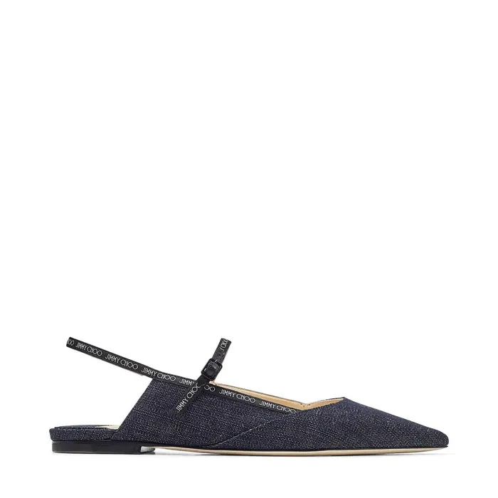 Ree Flat Indigo Denim Fabric Pointed Flats With LogoWoven Ribbon Indigo Women JIMMY CHOO Flats Ree Flat Indigo Denim Fabric Pointed Flats With LogoWoven Ribbon Indigo Women JIMMY CHOO Flats