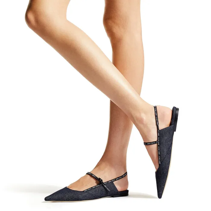 Ree Flat Indigo Denim Fabric Pointed Flats With LogoWoven Ribbon Indigo Women JIMMY CHOO Flats