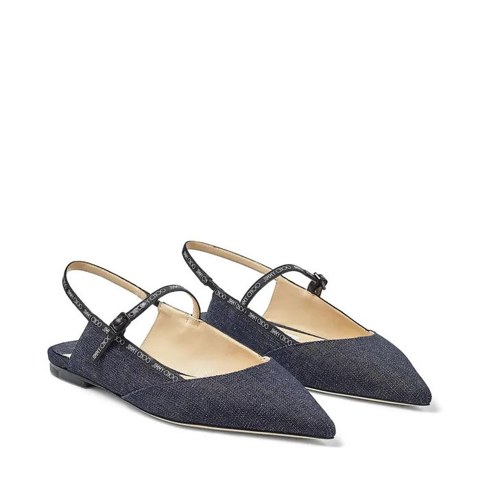 Ree Flat Indigo Denim Fabric Pointed Flats With LogoWoven Ribbon Indigo Women JIMMY CHOO Flats