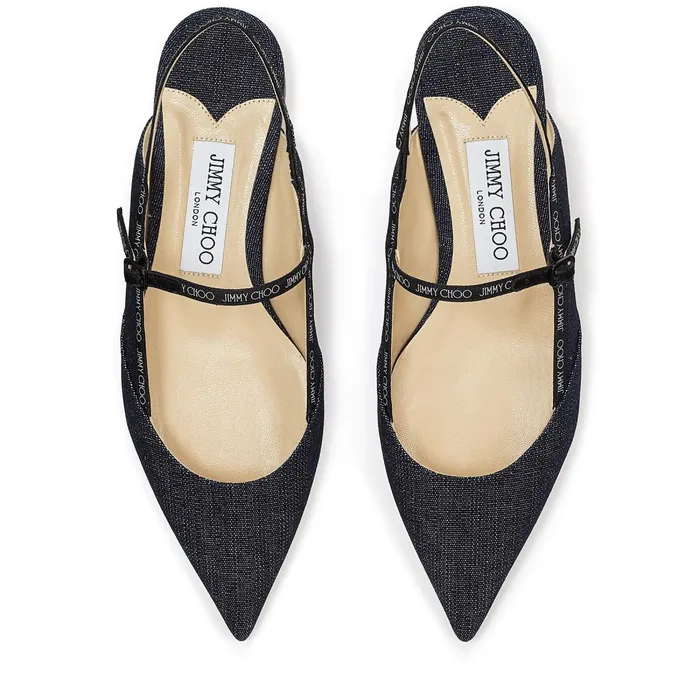 Ree Flat Indigo Denim Fabric Pointed Flats With LogoWoven Ribbon Indigo Women JIMMY CHOO Flats