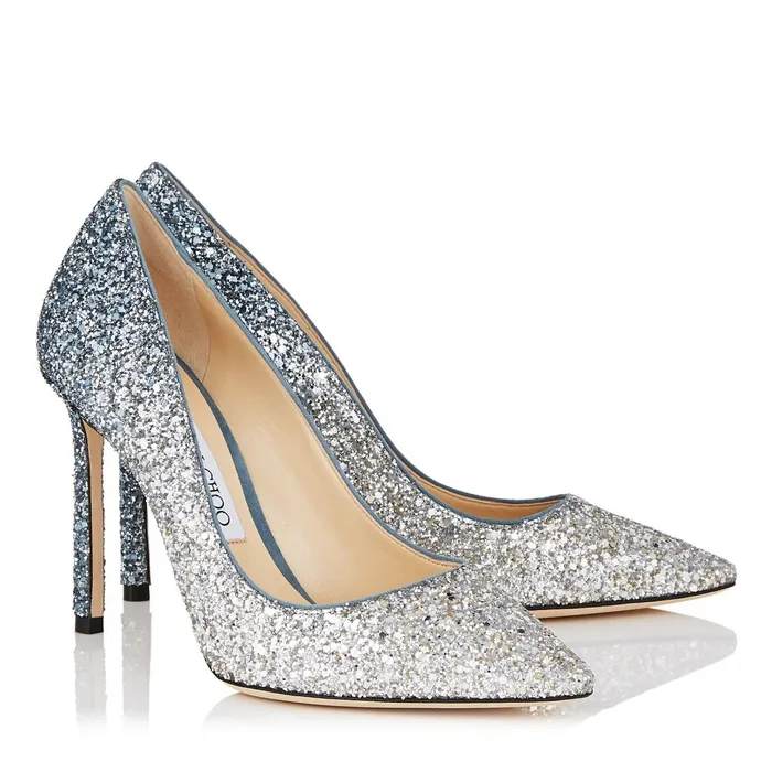 Romy 100 Silver And Dusk Blue Fireball Glitter Dgrad Fabric Pointy Toe Pumps Silverdusk Blue Women JIMMY CHOO Bridal Shoes
