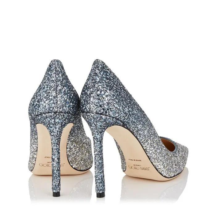 Romy 100 Silver And Dusk Blue Fireball Glitter Dgrad Fabric Pointy Toe Pumps Silverdusk Blue Women JIMMY CHOO Bridal Shoes