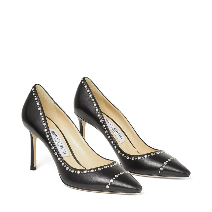 Romy 85 Black Nappa Leather Pointed Pumps With Crystal Rhinestones Blacksilver Women JIMMY CHOO Pumps
