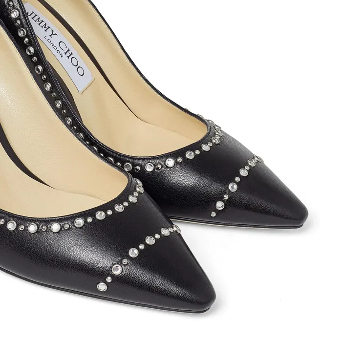 Romy 85 Black Nappa Leather Pointed Pumps With Crystal Rhinestones Blacksilver Women JIMMY CHOO Pumps