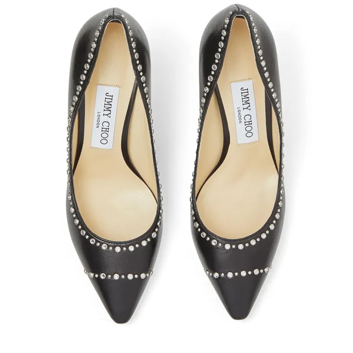 Romy 85 Black Nappa Leather Pointed Pumps With Crystal Rhinestones Blacksilver Women JIMMY CHOO Pumps