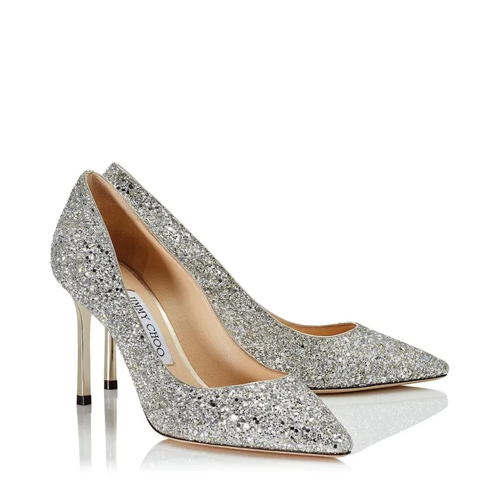Romy 85 Champagne Coarse Glitter Fabric Pointy Toe Pumps Champagne Women JIMMY CHOO Bridal Shoes