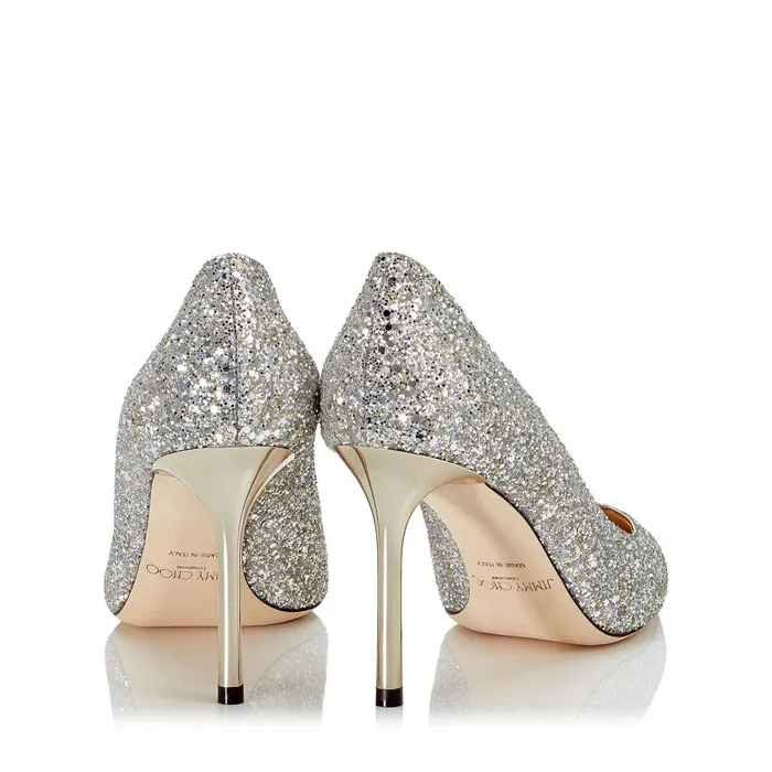 Romy 85 Champagne Coarse Glitter Fabric Pointy Toe Pumps Champagne Women JIMMY CHOO Bridal Shoes
