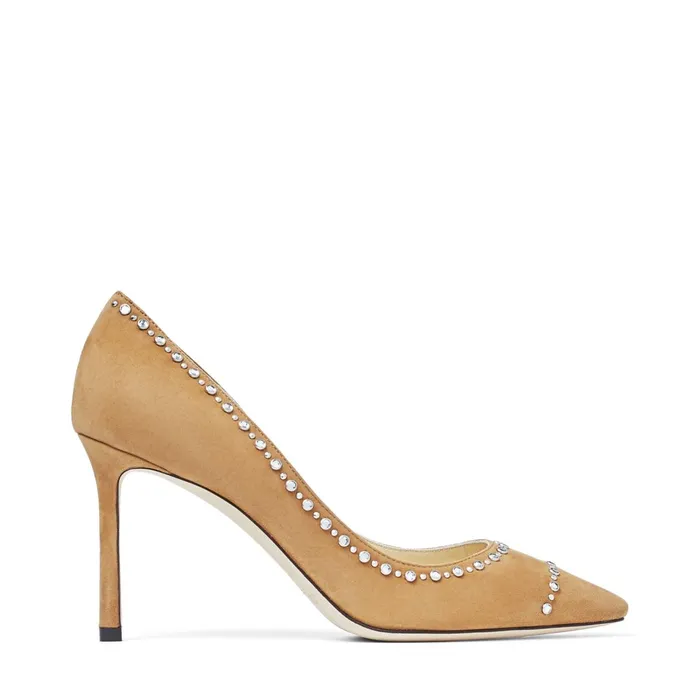 Romy 85 Hazel Suede Pointed Pumps With Crystal Rhinestones Hazelsilver Women JIMMY CHOO Pumps Romy 85 Hazel Suede Pointed Pumps With Crystal Rhinestones Hazelsilver Women JIMMY CHOO Pumps