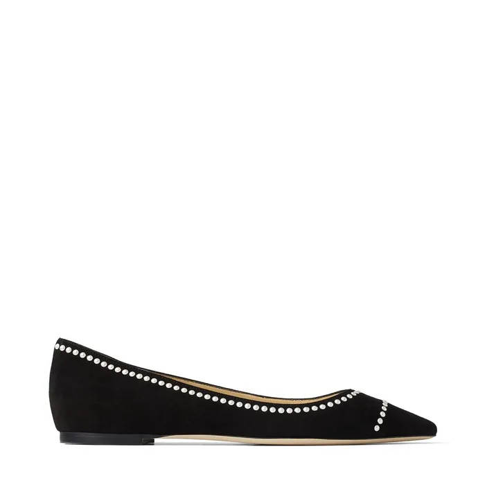 Romy Flat Black Suede Pointy Toe Flats With Pearl Detailing Black Women JIMMY CHOO Flats Romy Flat Black Suede Pointy Toe Flats With Pearl Detailing Black Women JIMMY CHOO Flats