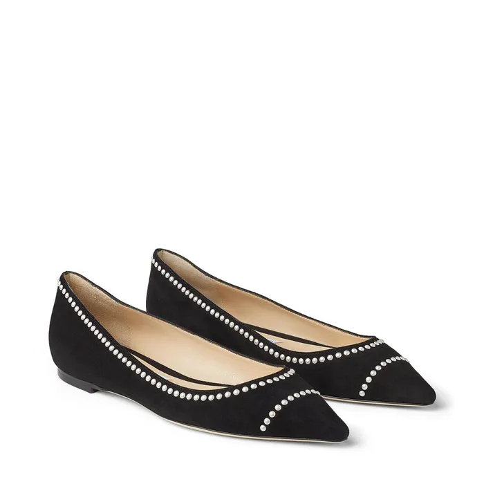 Romy Flat Black Suede Pointy Toe Flats With Pearl Detailing Black Women JIMMY CHOO Flats