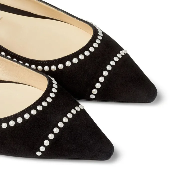 Romy Flat Black Suede Pointy Toe Flats With Pearl Detailing Black Women JIMMY CHOO Flats