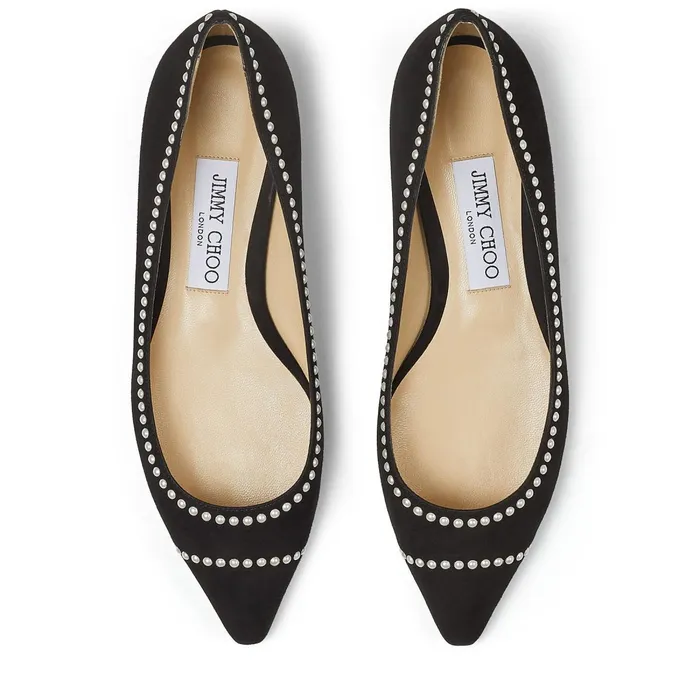 Romy Flat Black Suede Pointy Toe Flats With Pearl Detailing Black Women JIMMY CHOO Flats