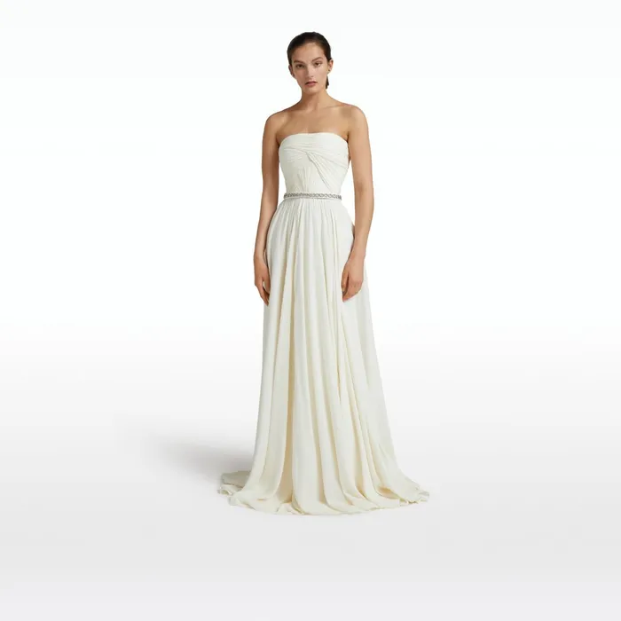 Safiyaa Adora Ivory Long Dress With Embroidered Belt Women Dresses