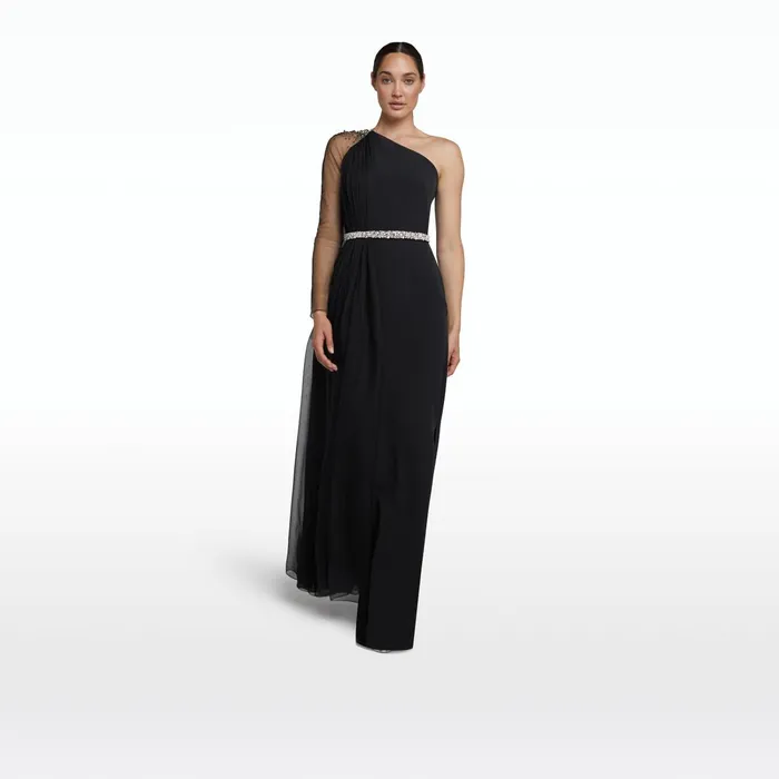 Safiyaa Anita Black Long Dress With Embroidered Belt Women Dresses