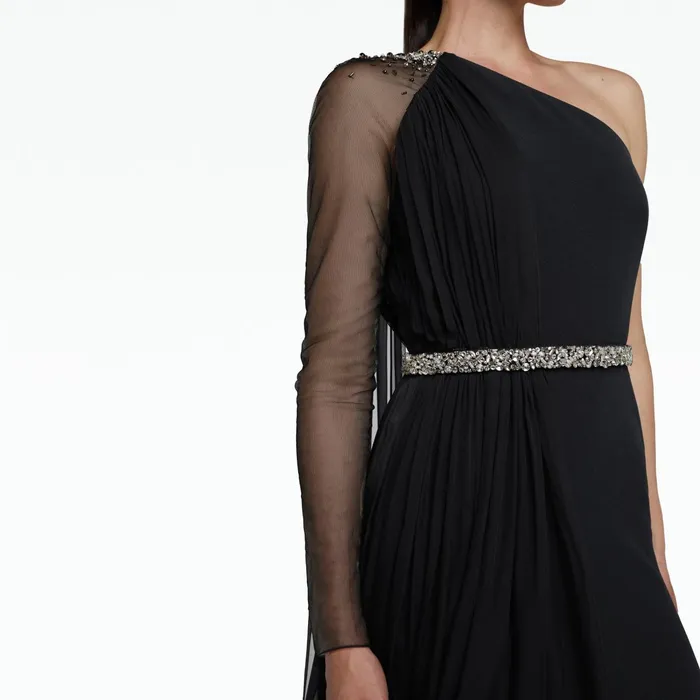 Safiyaa Anita Black Long Dress With Embroidered Belt Women Dresses