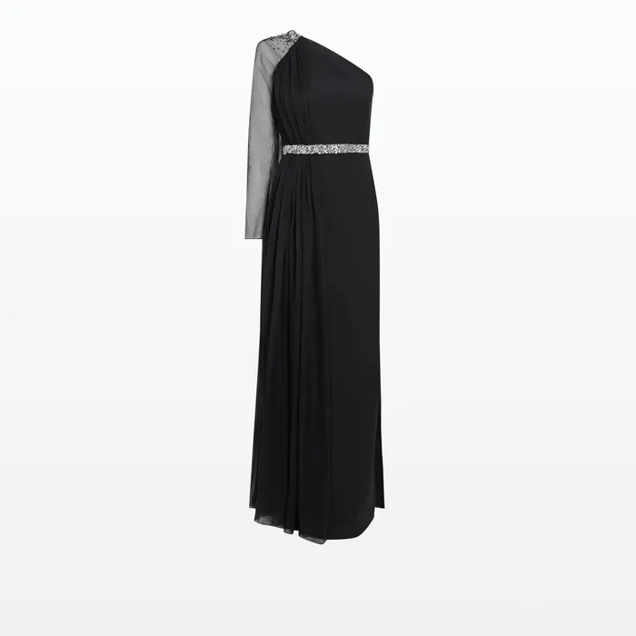 Safiyaa Anita Black Long Dress With Embroidered Belt Women Dresses