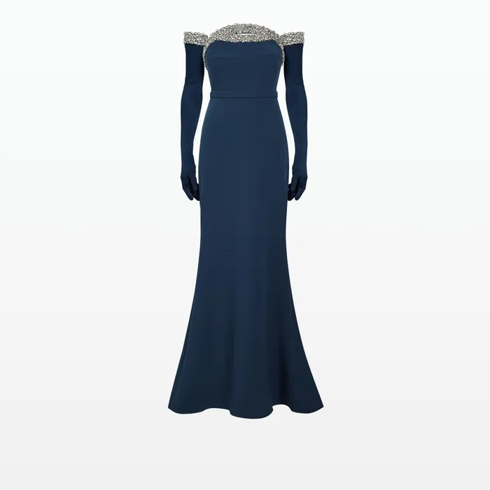 Safiyaa Donatella Ink Blue Long Dress With Antonia Gloves Women Dresses
